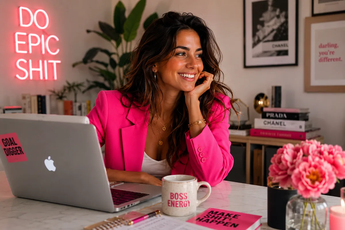 Mila Rivera in roze blazer aan haar bureau