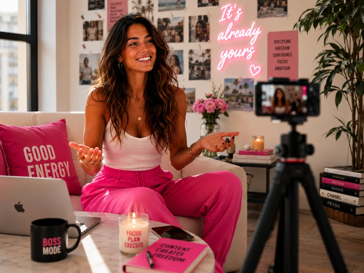 Mila Rivera voor camera in roze outfit